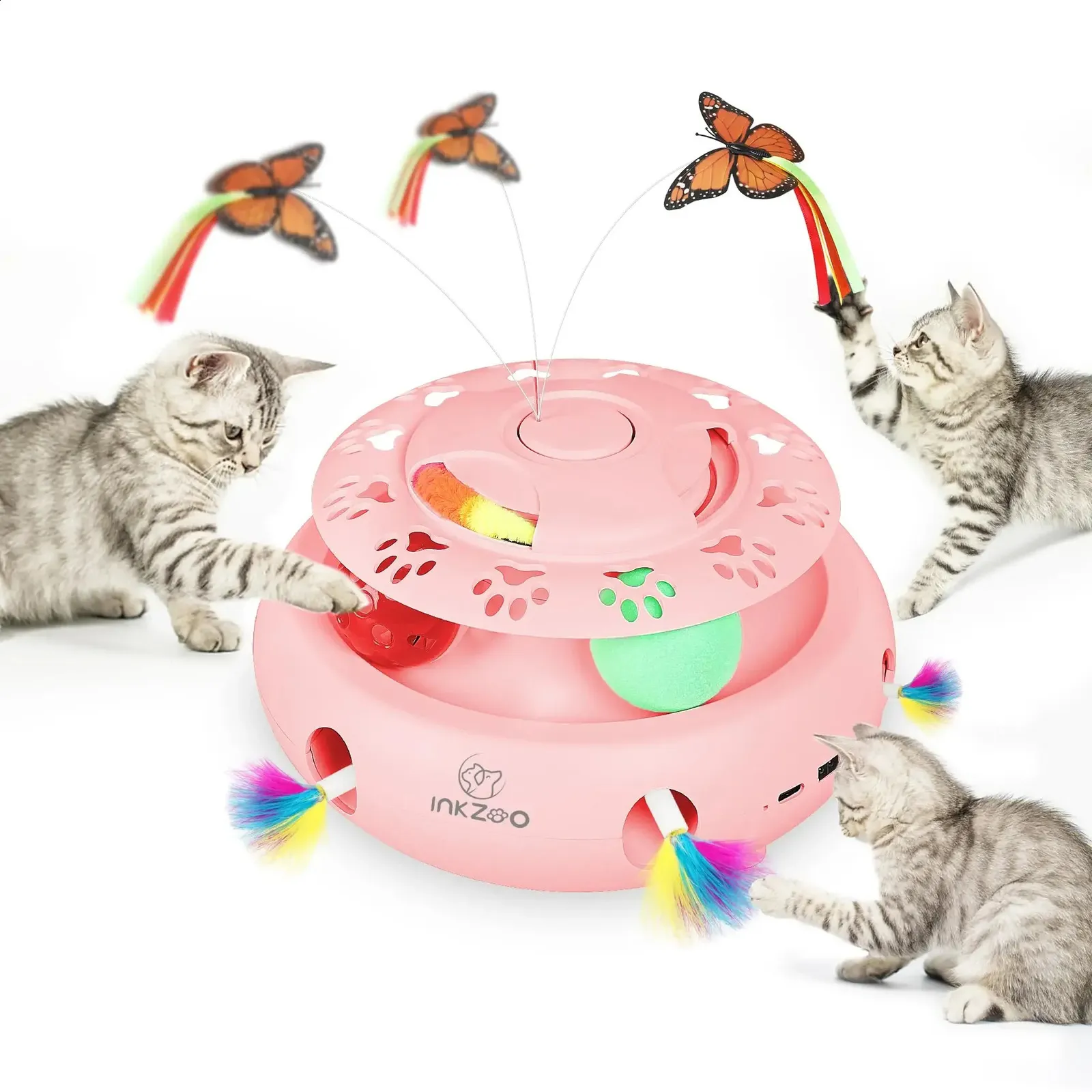 Perkeo 4-i-1 Interactive Cat Toys för inomhuskatter Automatiska 6 hål Möss whack-a-mol fladdrande fjärilsspår bollar USB 240306