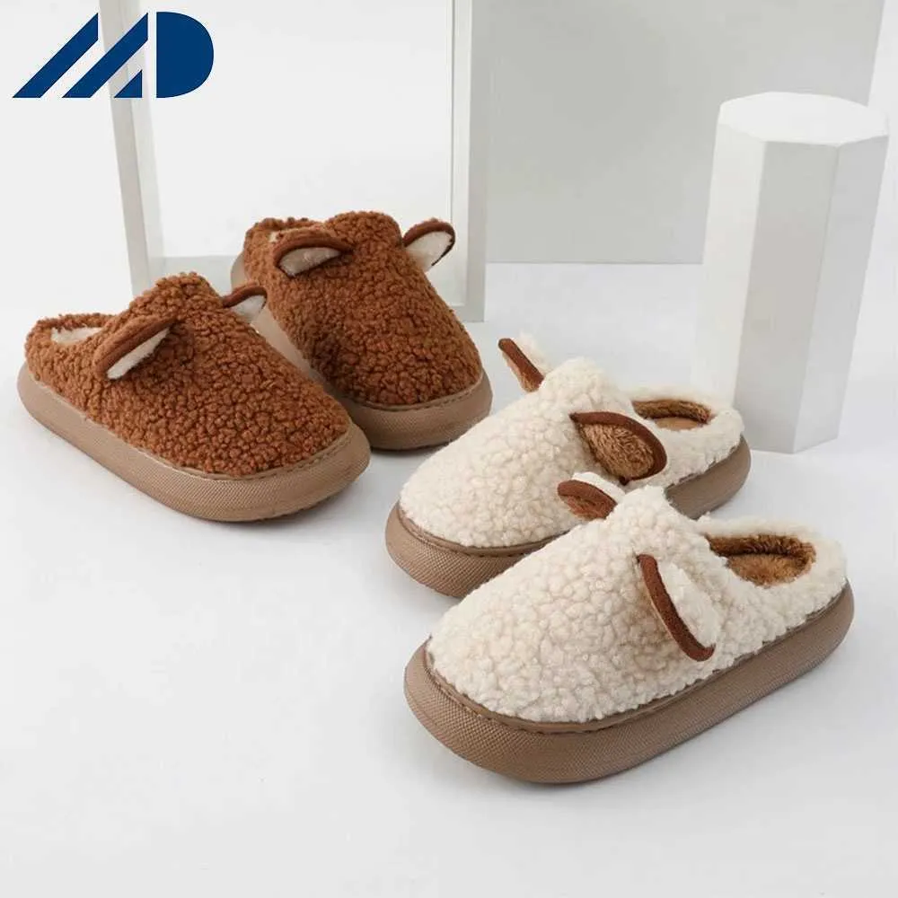 Hbp não-marca mulher quente fofo sola grossa casa amante sapatos de inverno bonito dos desenhos animados orelha plataforma de pelúcia macia feminino masculino chinelo interior