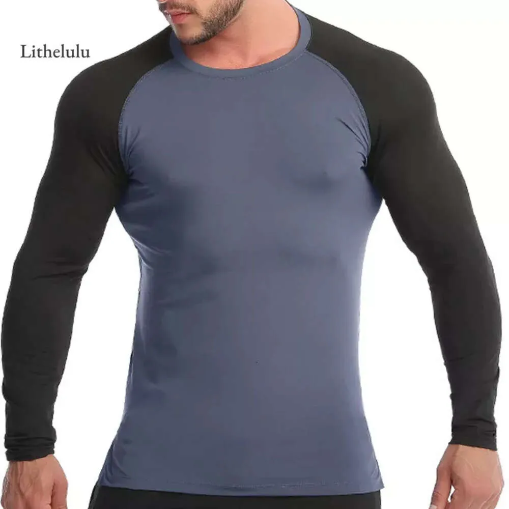 Lu Align Wear Cross-border Fiess Men's High Elasticity Quick-drying T-shirt, Sweat Training, Running, Long Sleeve Patchwork Sportswea Le