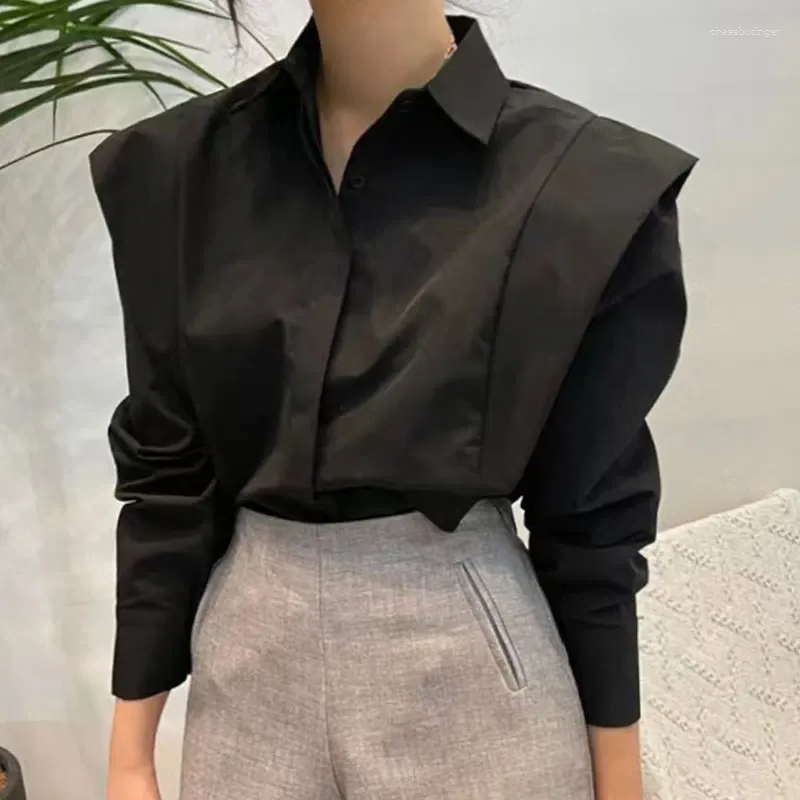 Bluzki damskie koreańskie eleganckie jesienne retro proste lapy Hidden Hook Design Patchwork Ruffled Lose Long Rleeve Shirt Top Kobiety