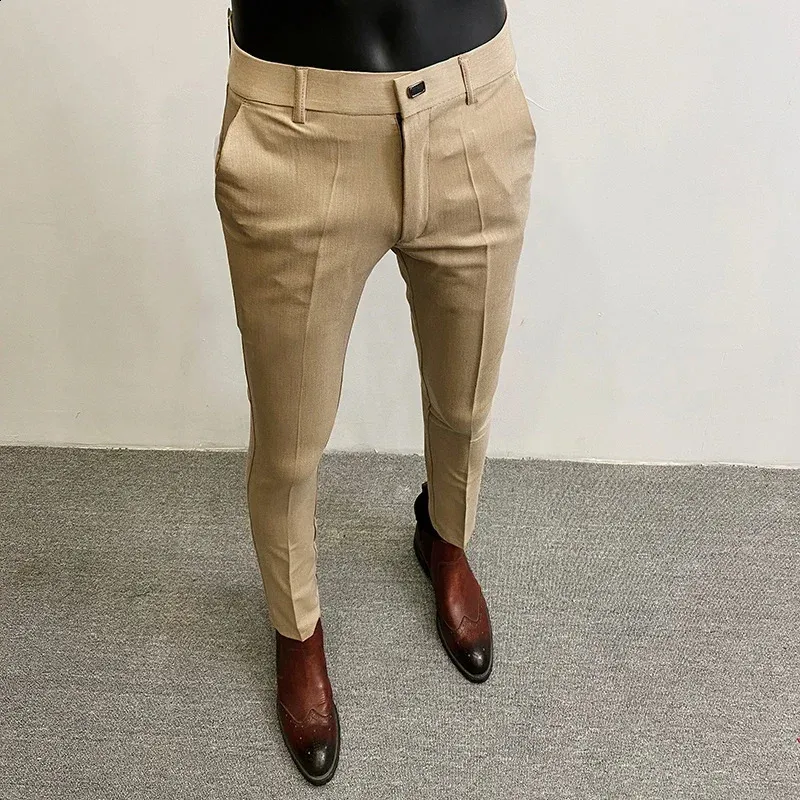 Męskie spodnie formalne męskie spodnie hombre elastyczne ultra-cienkie solidne kolory sukienki na swobodną długość Modne nowe odzież męską 240318