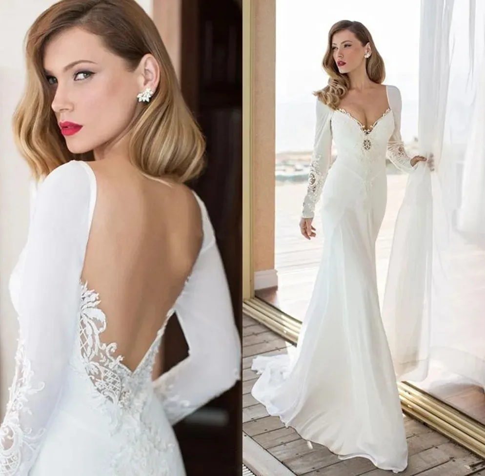 Sirena 2024 abito da sposa elegante maniche lunghe pizzo a v-scollo vestido novi senza spicco di abiti da sposa a spicco