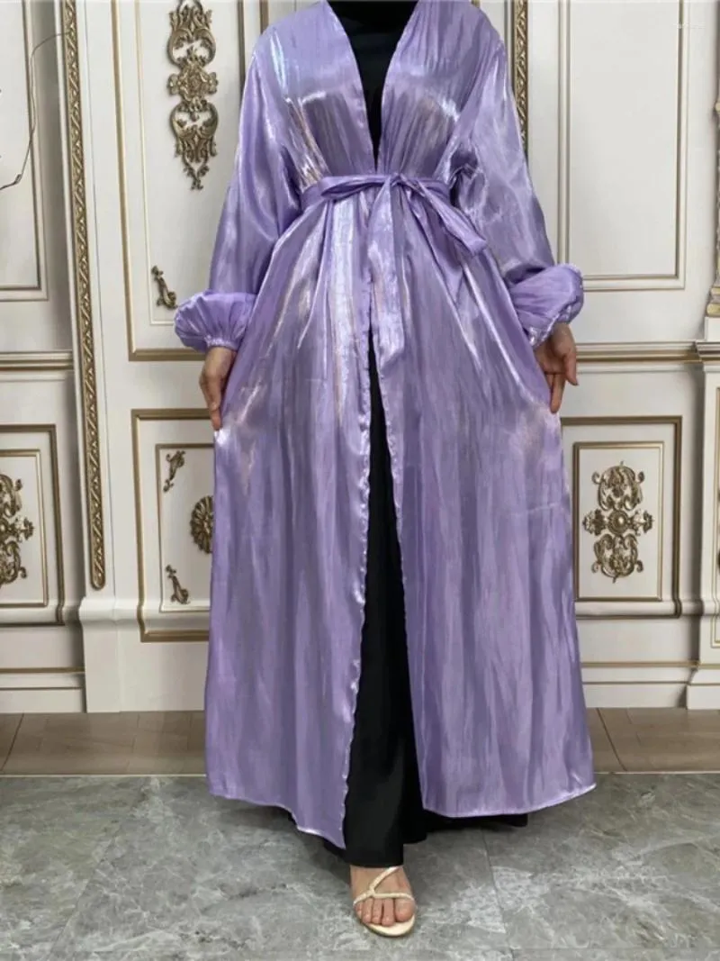 Etniska kläder Ramadan Party Dresses For Women Abaya Eid Sliky Puff Sleeve Belted Kaftan Abayas Muslim Dubai klänningar Marocko Evening Vestiods