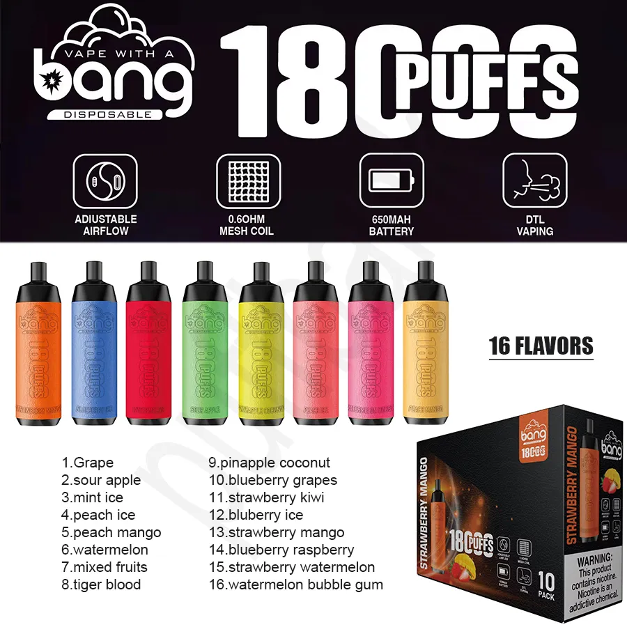 Bang Box 18000 Puff Authentic 18K Wegwerp Pape Pen Bang Vapes 18000 Puffs Mesh spiraal Oplaadbare Type-C Bar Kit 0% 2% 3% 5% 12 kleuren versus al Fakher Big Cloud