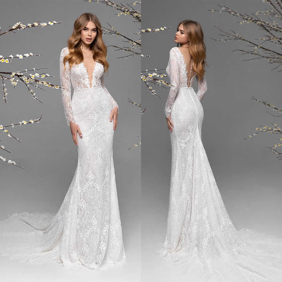 Abiti da sposa semplici con scollo a V a sirena Abiti da sposa con applicazioni Abito da sposa a maniche lunghe in pizzo Illusion See Through Abiti da sposa con strascico su misura