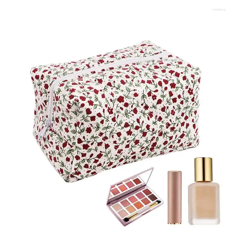 Storage Bags Fabric Floral Cosmetic Bag Cute Pink Women's Puuffy Quilted Makeups With Plaid Lining Travel Supplies