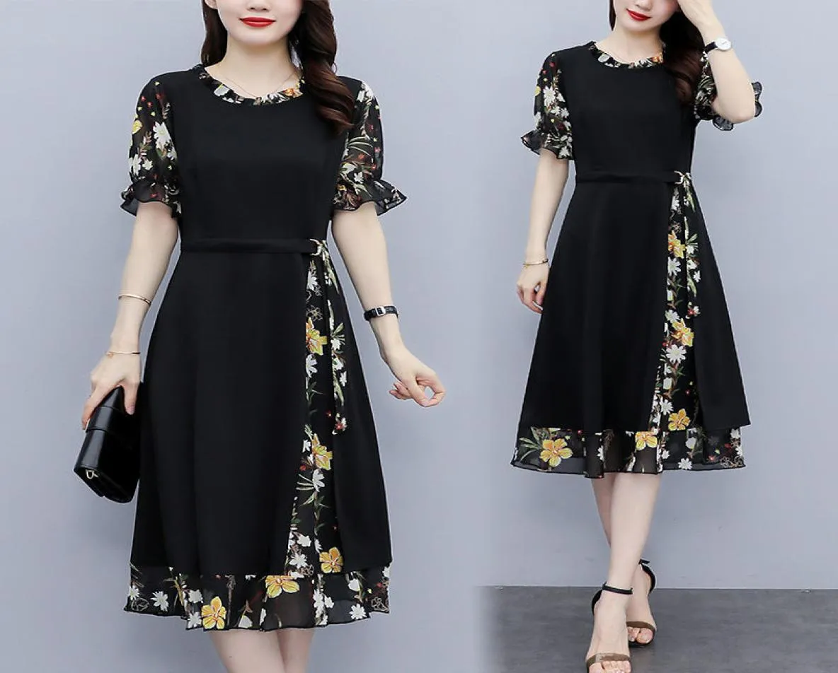 Embroidery Vintage Cocktail Dresses Women Summer Elegant Short Sleeve Fungus Patchwork Print With Belt Plus Size Party Dress6327172