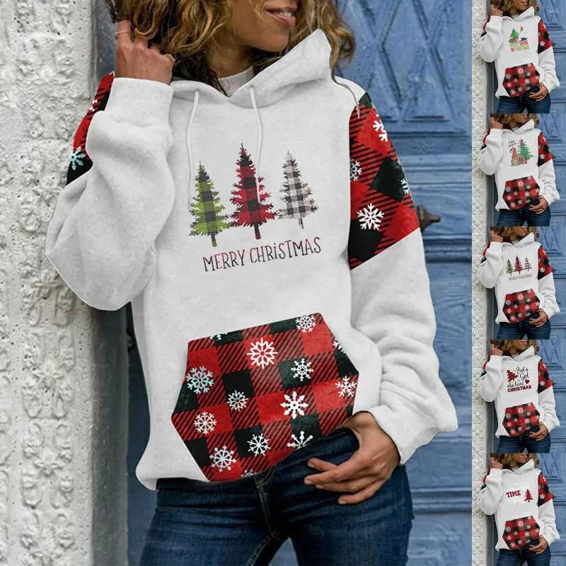 Kvinnors hoodies casual jultryck färgblock huven långärmad tröja för höst och vinter ärmlösa hoodie kvinnor