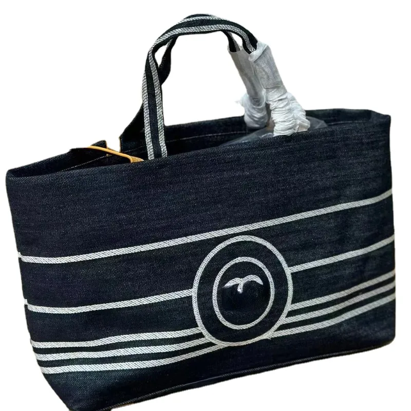 Sac de créateur en Denim pour femmes, Vintage, rayures horizontales, couleur contrastée, bleu marine, grande capacité, sac de plage, sac de voyage et de Shopping