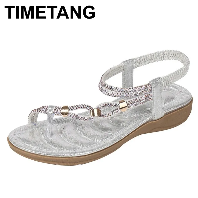 Sandali Timetanglarge size donne sandali piatti rosa piatto aperto di lusso di lussuoso gladiatore gladiatore pantofole estate beach bling catene cristallo mujer