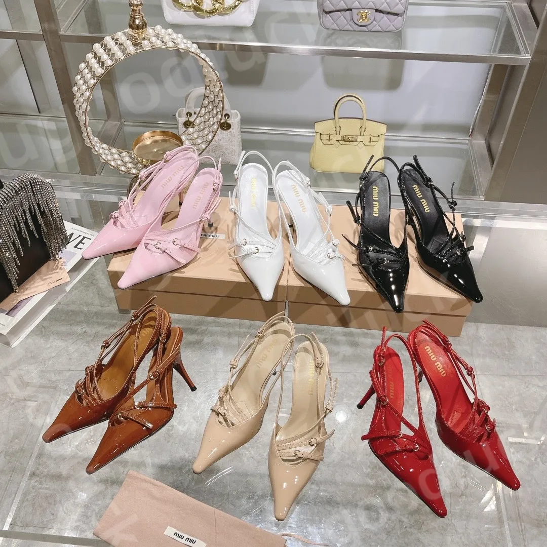 Designer-Damenmode-Schuhe mit hohen Absätzen, spitze Stiletto-Sandalen, Riemchengürtelschnalle, Baotou-Rückensandalen, Damenmode-Abendschuhe