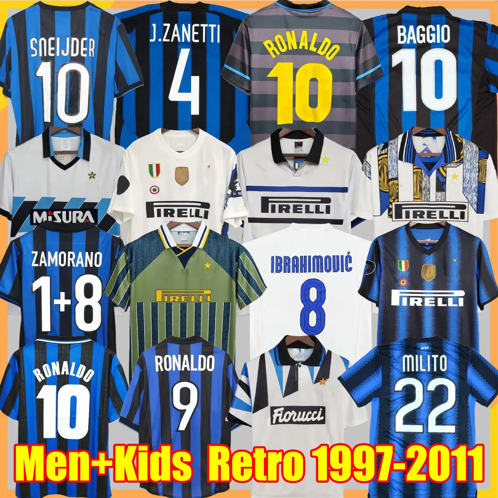 Ретро футбольные майки RONALDO CRESPO ADRIANO 97 98 99 00 03 04 07 08 09 2010 2011 финал MILITO SNEIJDER J.ZANETTI винтажная мужская детская классическая футбольная рубашка