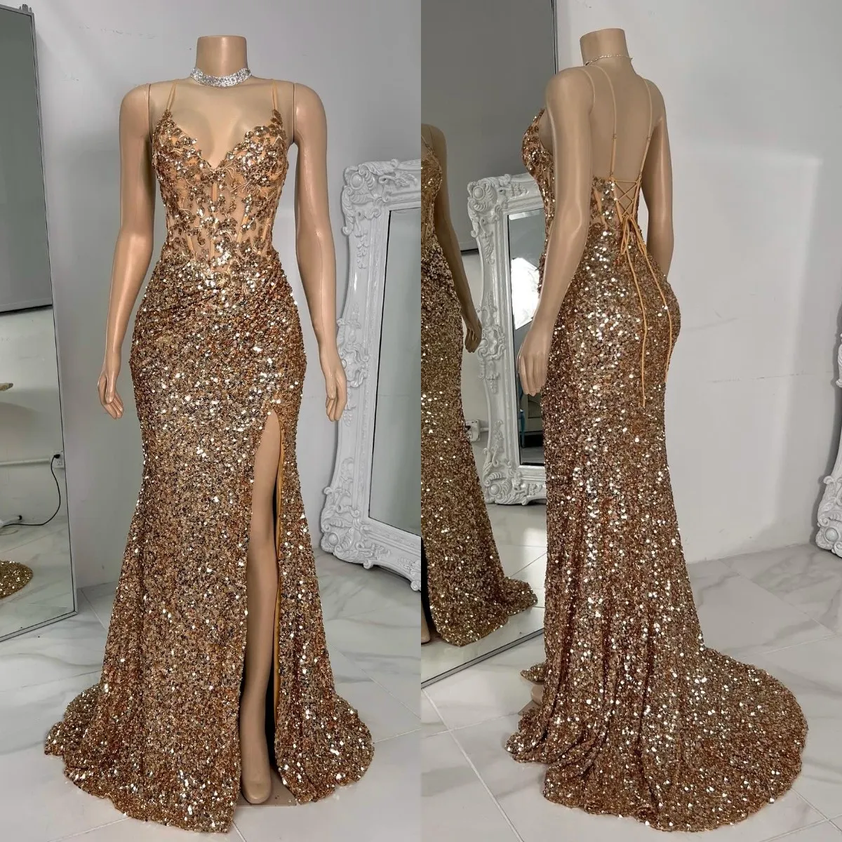 Sexig Gold Mermaid Prom Dress for Black Women Spaghetti Glitter Evening Dresses Eleganta pärlor Applices Special OCNS Split Illusion Robe de Soiree