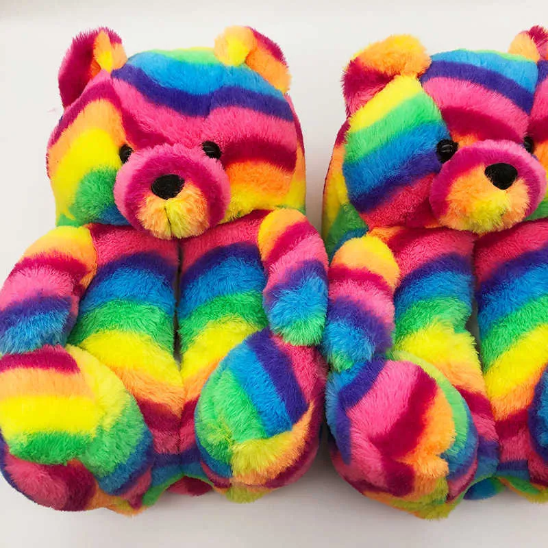 HBP Non-Brand wholesale dropshipping bedroom black rainbow teddy bear toy adult kids slippers for women girls wholesale
