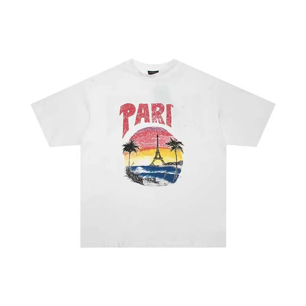 B High Edition 23SS Paris Hawaii Coconut Tower Handgeschilderde letterprint, korte mouw, unisex familie