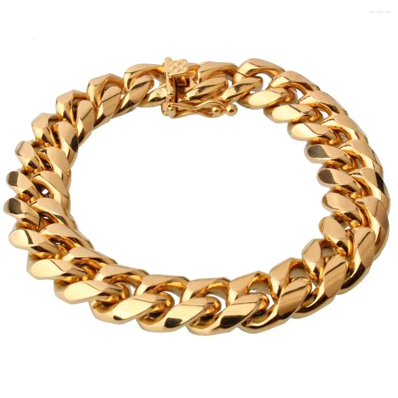 Link Bracelets 15mm Wide Men Bracelet Hip Hop Miami Cuban Chain Gold Color Male Wristband Street Charm Women Jewelry 8-10inch