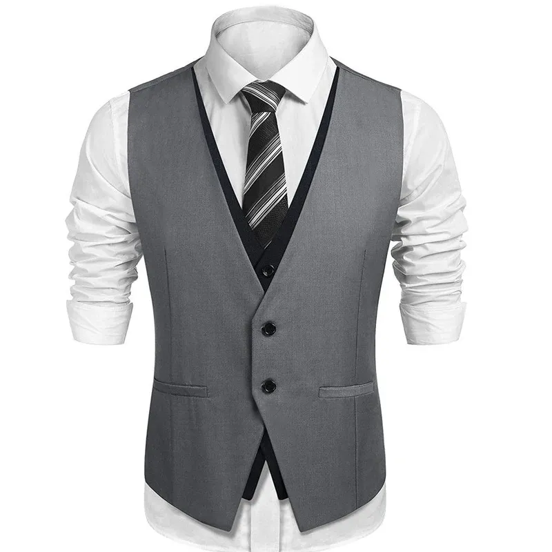 Vests V Neck Casual Waistcoat for Wedding Men Single One Piece Gray and Black Suit Vests Custom Groom Tuxedo Male Fashion Coat