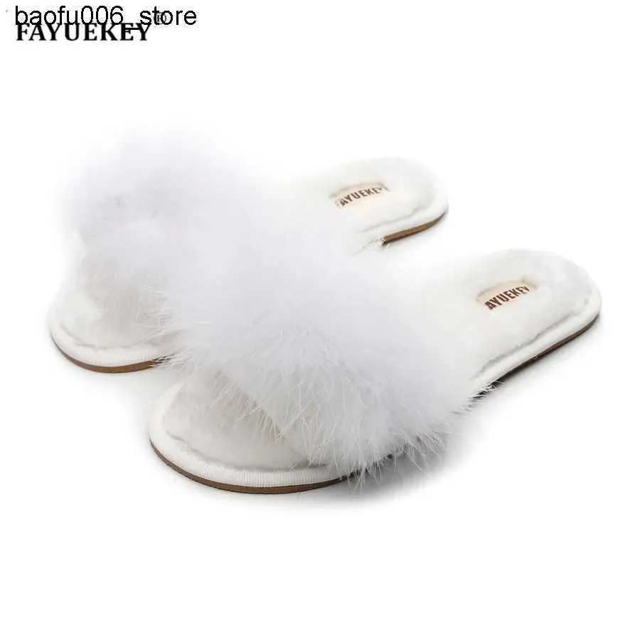 スリッパFayuekey Spring/Summer/Winter Home Cotton Fluffy Fur Slippers Womens Floor Bedroom Flat Shoes Q240318