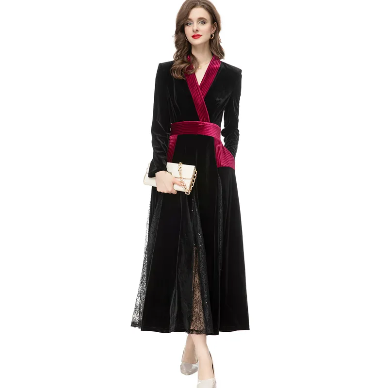 Women's Runway Dresses Sexy V Neck Long Sleeves Lace Patchwork Color Block Piping Elegant Velvet Party Vestidos