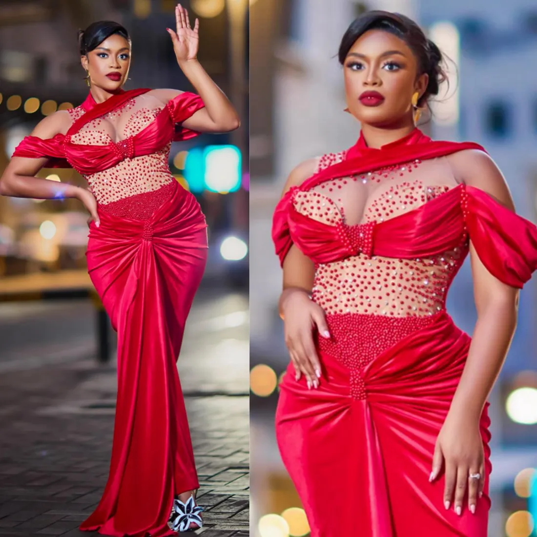 2024 Aso Ebi Plus Size Robes de bal Sirène pour femmes noires Illusion Robe de soirée Col haut Velours Robes formelles Robe d'anniversaire perlée Deuxième robe de réception AM544