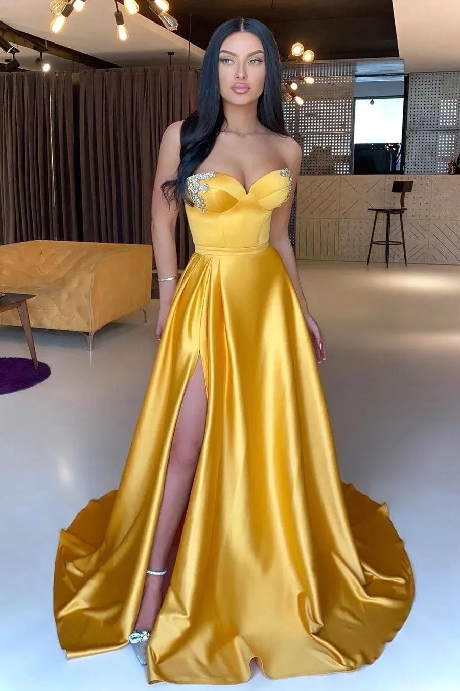 Sexy Gold Yellow Split Evening Dresses A Line Sweetheart Beaded Satin Long Prom Gowns Women Formal Vestidos BC18402