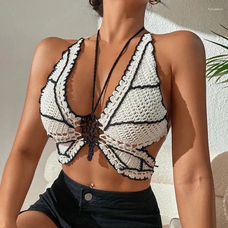 Women's Swimwear Women Bikini Tops Contrast Color Sleeveless Bandage Backless Knit Crochet Butterfly Swimsuits Beachwear Y2k