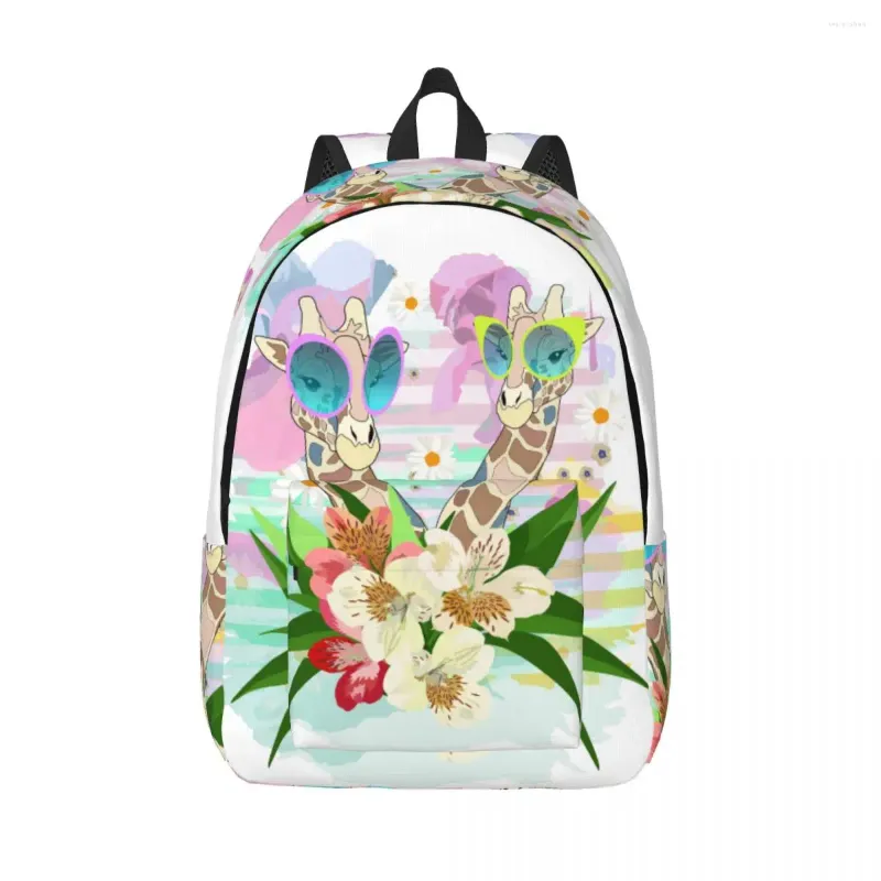 Mochila aquarela duas girafas na moda flor chapéus e óculos de sol unissex bolsa de viagem mochila mochila mochila