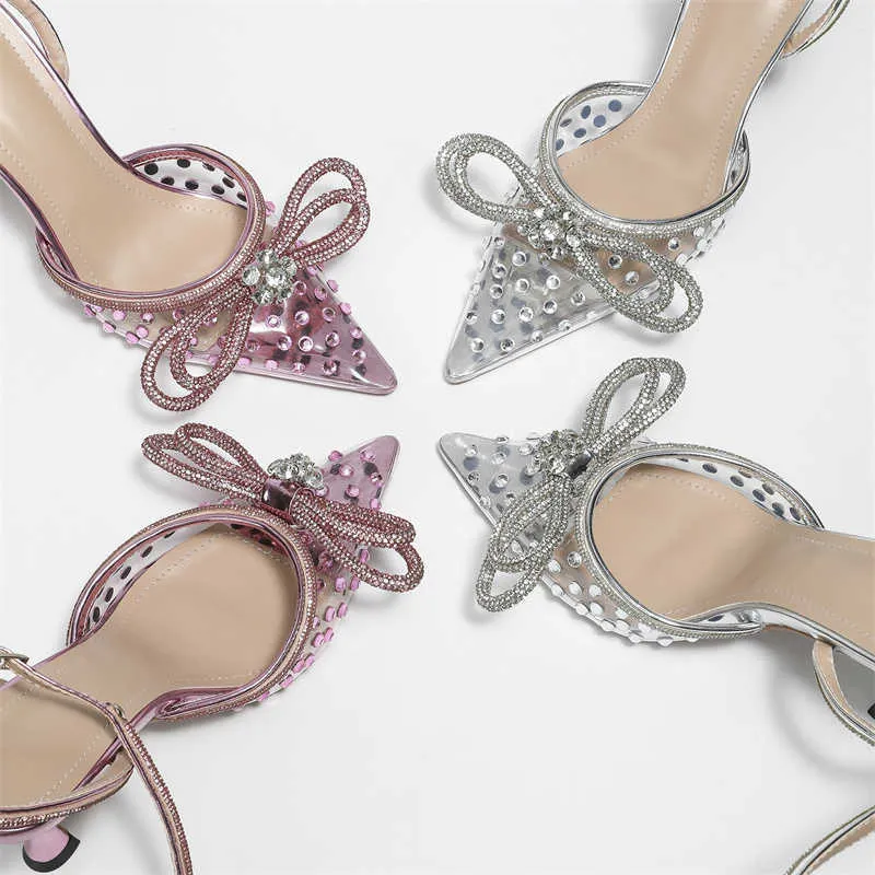 HBP 비 브랜드 여성 뾰족한 발가락 투명 PVC 고급 신발 모조 다이아몬드 숙녀 섹시 디자이너 하이힐