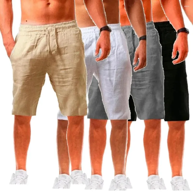 Pantaloncini da uomo in lino casual estivo traspirante cinque punti pantaloni sportivi da spiaggia in cotone tinta unita larghi da jogging