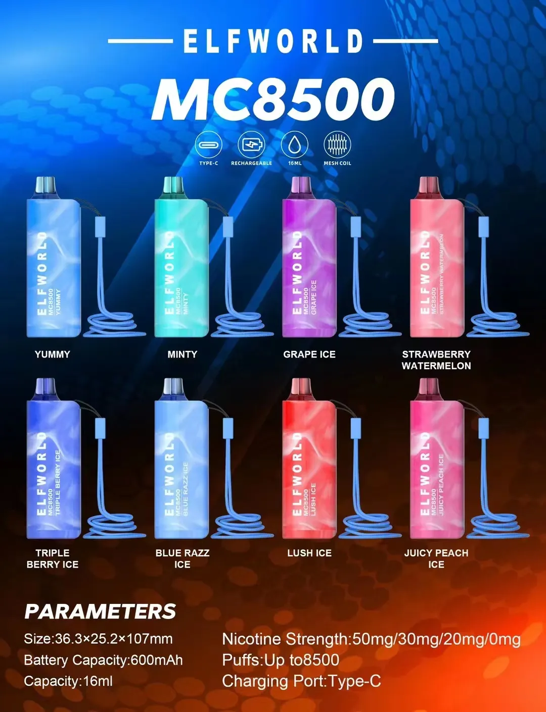 100% oryginalne Elf World MC8500 Puffs Cewki siatki 9K Puffs Djeńskie Vape 750MAH Prefilled Stock 10 Smaki Hurtowe Vaporizador Desechable vs HQD ELF BASK