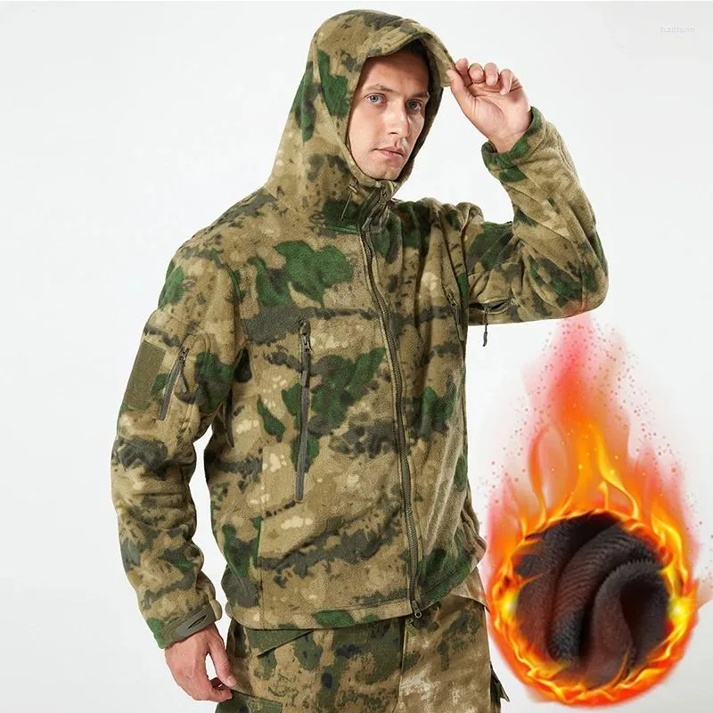 Herrenjacken, durchgehender Reißverschluss, taktische grüne Fleece-Tarnjacke, thermische warme Arbeitsmäntel, Herrentaschen, Safari-Wander-Outwear, Windschutz