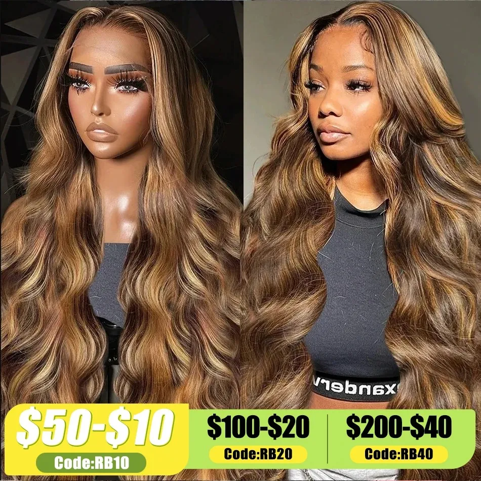 4/27 Highlight Body Wave Wig Human Hair Brazilian 30 32 Inch Colored Ombre Blonde 13x6 HD Transparent Lace Frontal Wig for Women