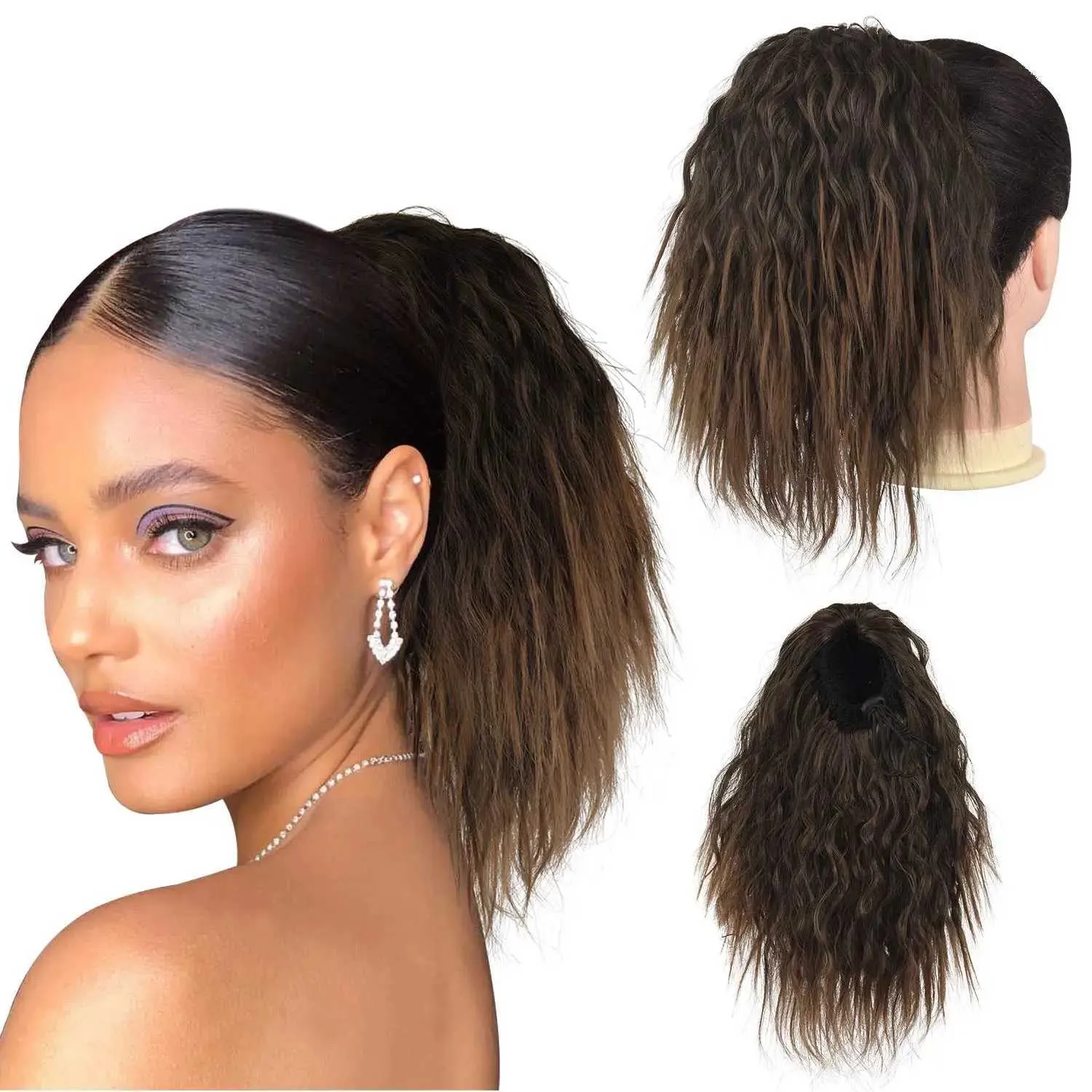 Synthetische Perücken, Afro-Pferdeschwanz-Haar, kurzes Ombre-Wasserwellen-Pferdeschwanz-Haarteil für Frauen, falscher Kordelzug, lockiger Chignon-Schwanz, 240329