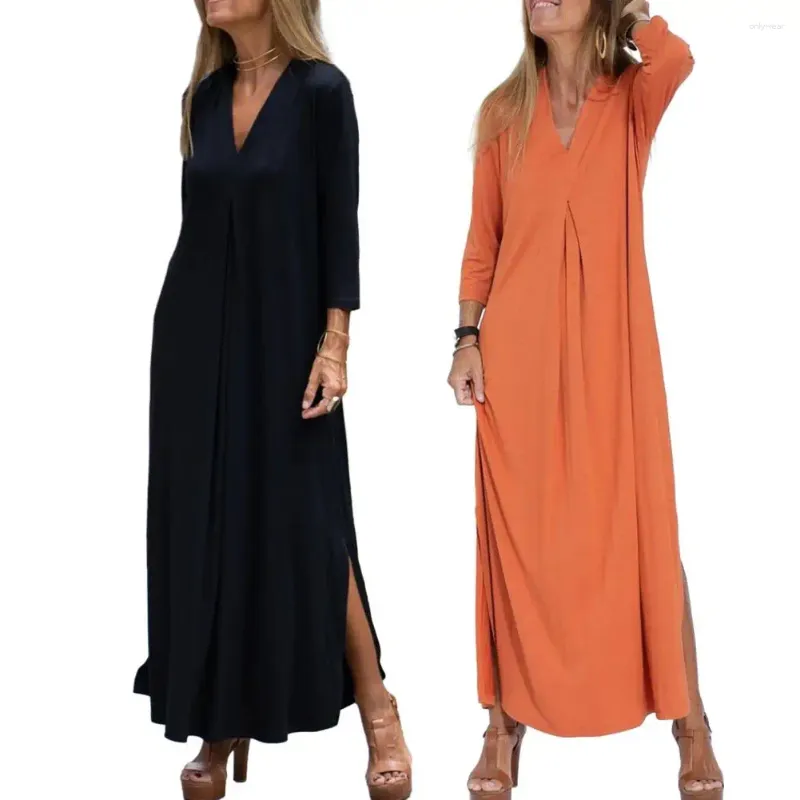 Casual Kleider Frauen Kleid V-ausschnitt Lose Einfarbig Seite Split Saum Drei Viertel Plissee Ärmel Gestrickte Weiche Atmungsaktive Knöchel länge