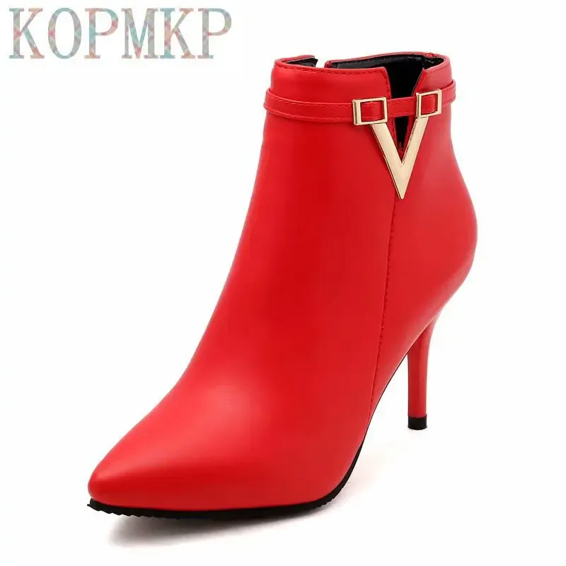 Stiefel Hot Sale Autumn Stiletto dünne High Heels Reißverschluss Stil sexy Damen Stiefel Bota Feminina Pointed Toe Faux Leder Red Knöchelstiefel