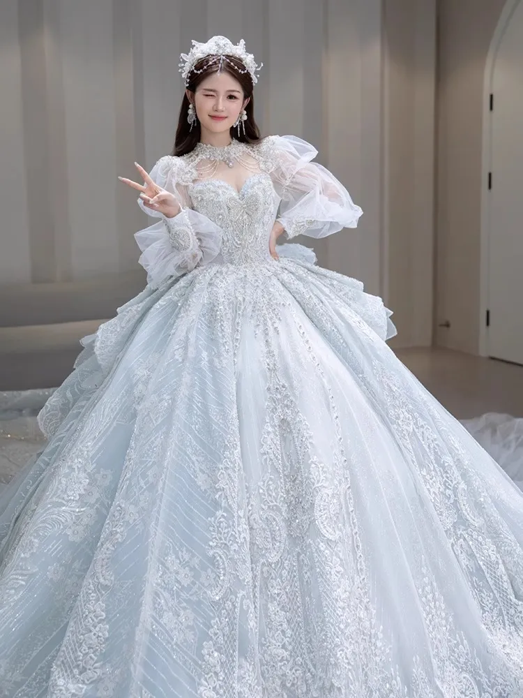 Modeste bleu ciel manches longues robe de bal robes de mariée perles glands cristal blanc bling plage robes de mariée balayage train grande taille robe de mariée de mariage vestido de novia