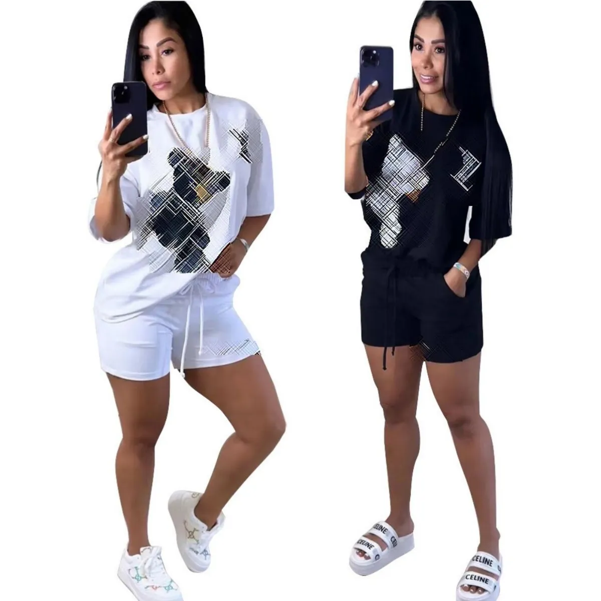 Designer Two Piece Pants Womens Casual Cotton T-shirt and Shorts Set Summer Outfits Free Ship