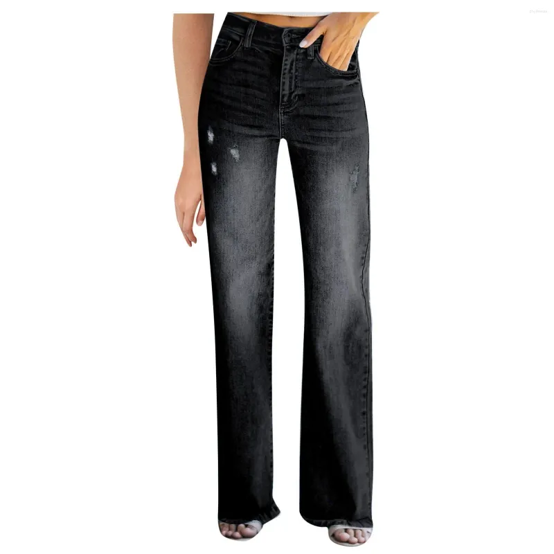 Jeans pour femmes Pantalons en denim uni Couleur Femmes Poche Taille haute Slim Bouton Long Pantalon Lâche Dames Vêtements féminins