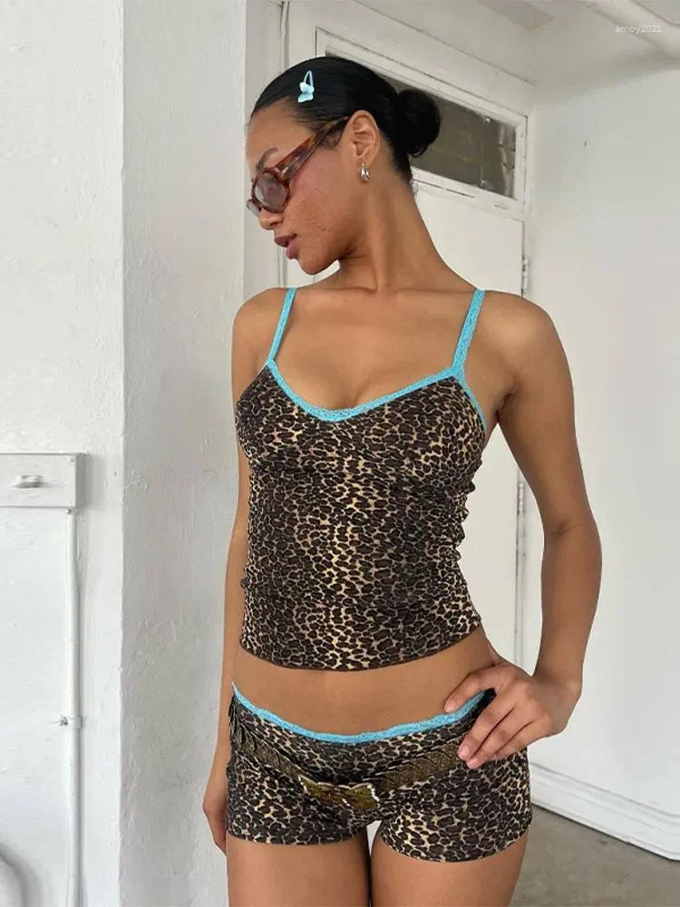 Survêtements pour femmes Leopard Print Tank Shorts Costume Femmes Strap V-Col Skinny Gilet sans manches Top et pantalon court taille basse 2 pièces Ensemble