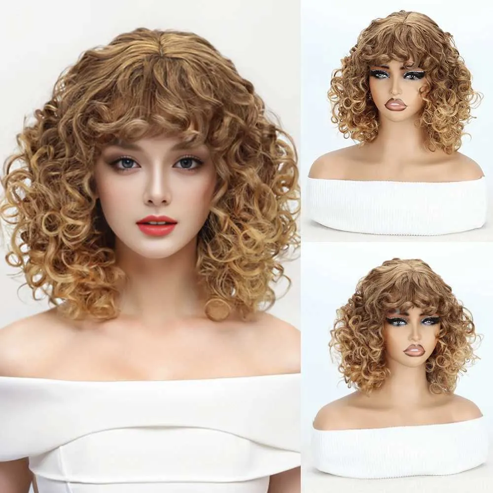 Synthetic Wigs Short Curly Gold Gradient Synthetic Afro Wig With Curly Bangs Natural Wig Heat Resistant Fiber Cosplay Woman 240328 240327