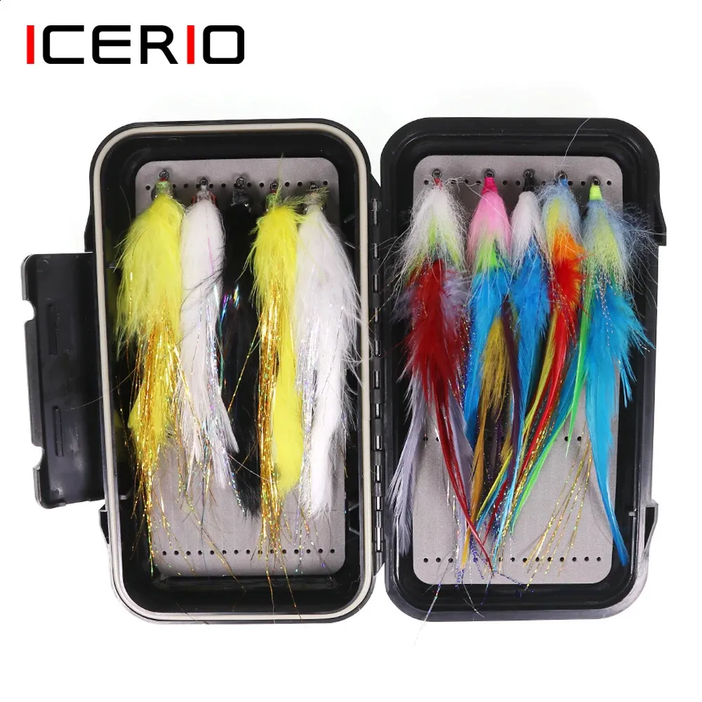 ICERIO 10pcs saltwater turmerer fly set st style 3 style fish pike pike muskie fishing reuure with waterproof 240313