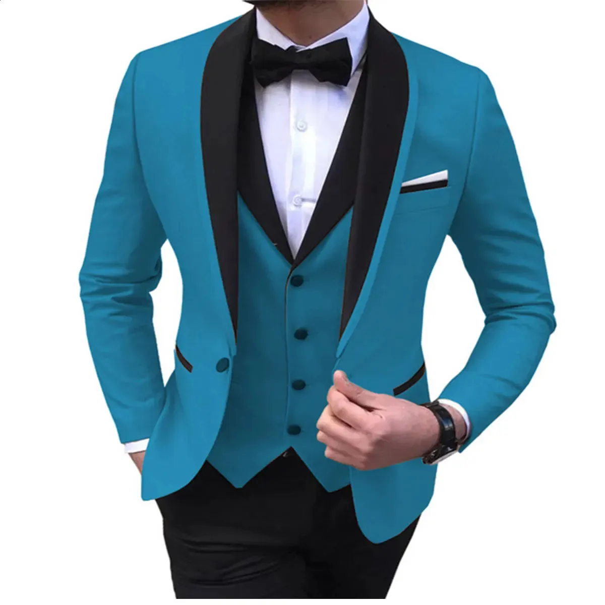 Blue Slit Mens Suits 3 Piece Black Shawl Lapel Casual Tuxedos for Wedding Groomsmen Suits Men BlazerVestPant240318