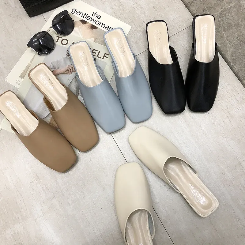Boots Female Shoes Loafers Square Toe Mules For Women 2022 Slippers Flat Slides Shallow New Cover Retro Basic PU Spring Rubber