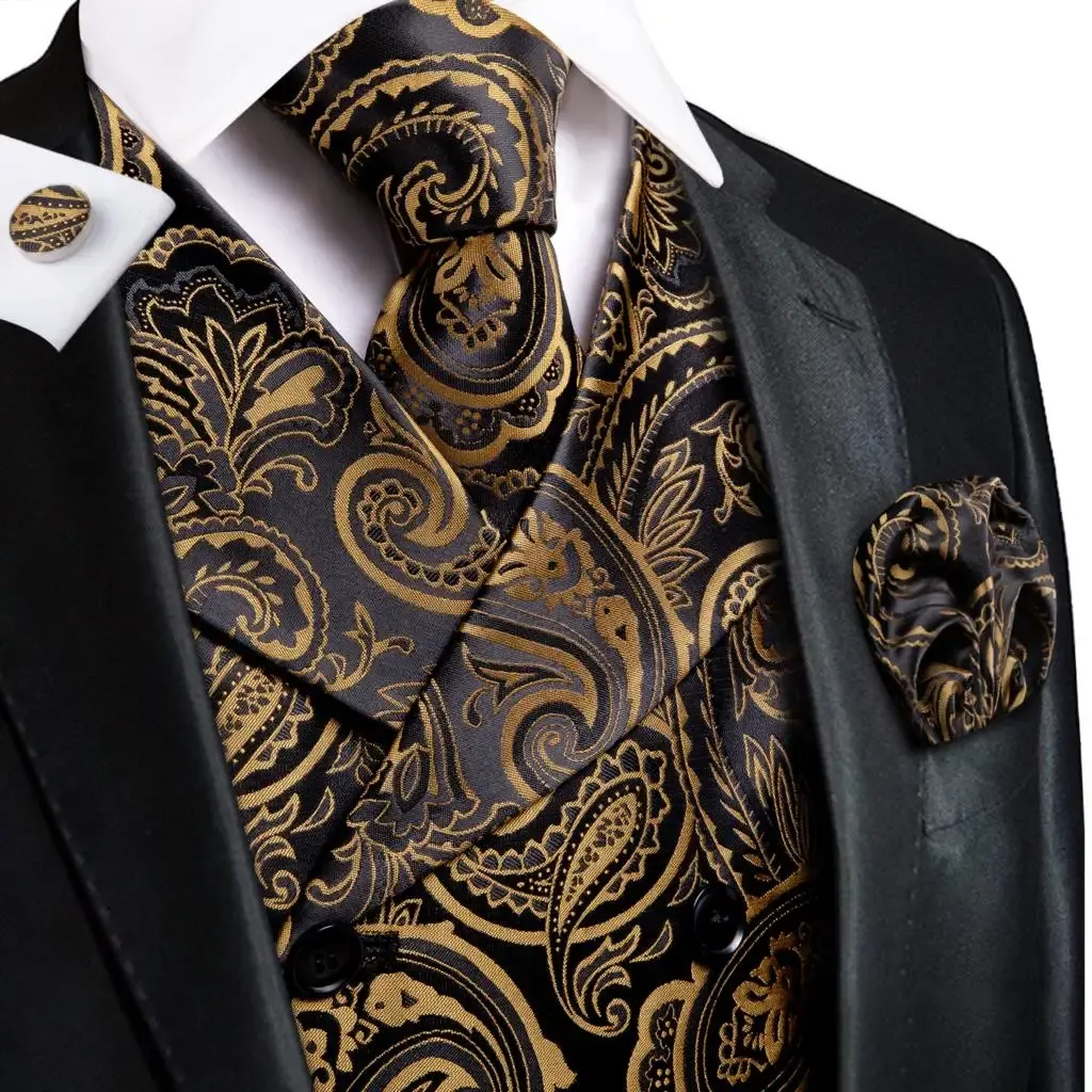 Vests HiTie Gold Black Paisley Floral Silk Men Slim Waistcoat Necktie Set For Suit Dress Wedding 4PCS Vest Necktie Hanky Cufflink Set