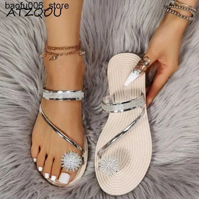 Slippers Flat bottom slippers womens slippers summer slide womens Sparkly Rhinestone slide beach shoes womens dress shoes shiny womens sandals Q240318