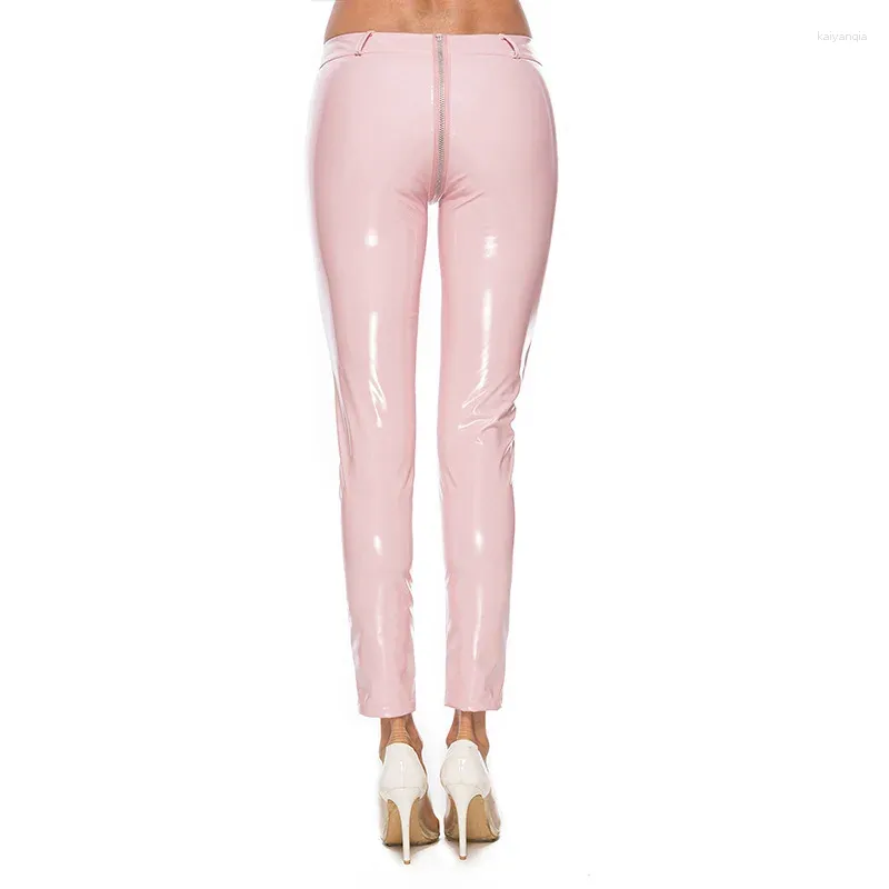 Women's Pants Fashion Spring Fall Women Sexy Open Zipper Crotch Patent Leather Tight Office Lady Bright PU Trousers Girl Party Gift Tr20