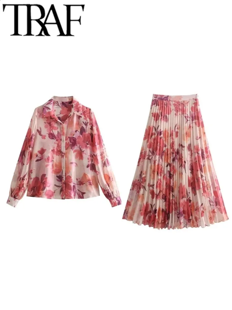 TRAF Gal Elegante Flower Midi Skirt Traits Manga V Campo de la camisa femenina del cuello Y2K Tops de verano 240313