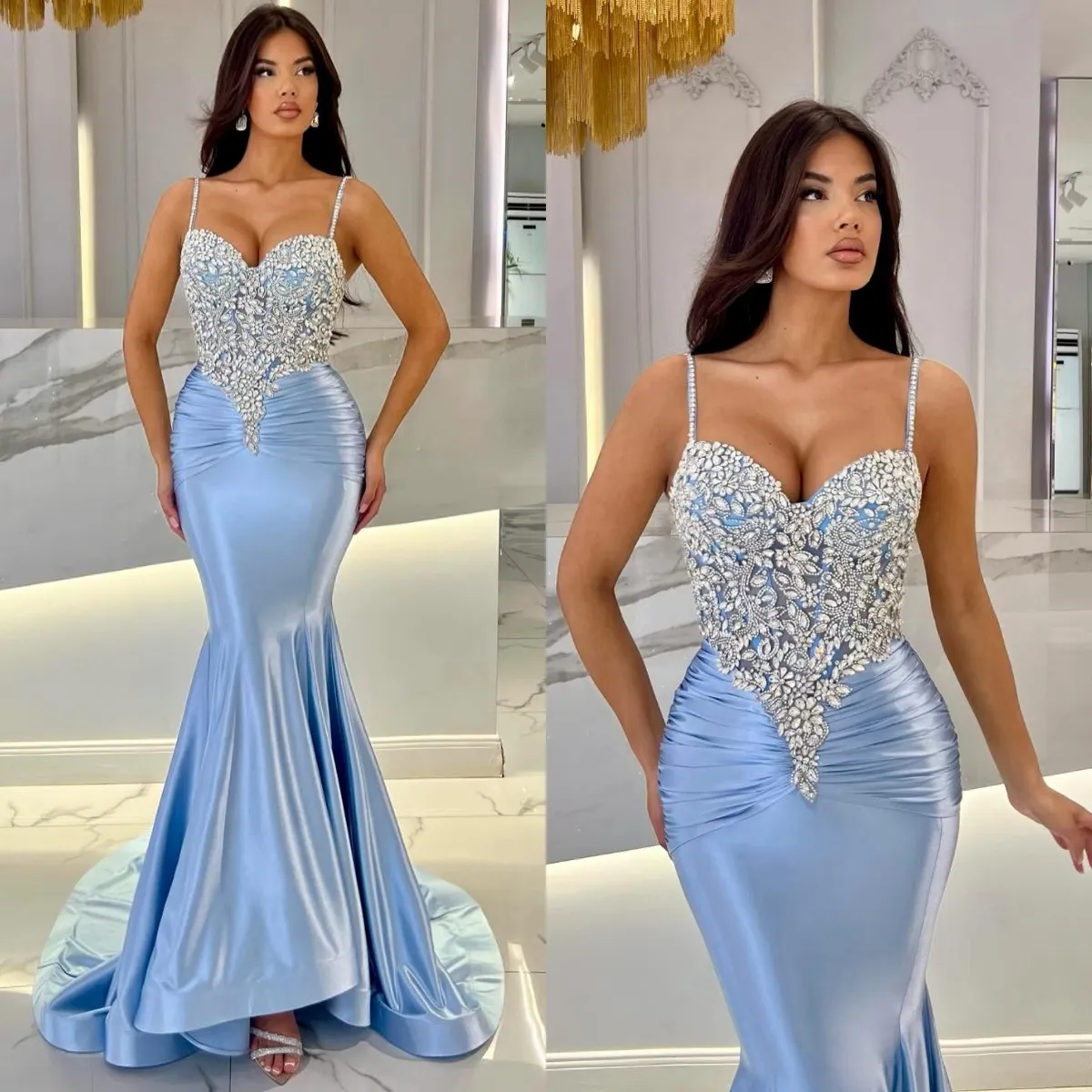 Baby Blue Mermaid Sukienka Promowa Kryształowe paski pokrytą Formalne sukienki wieczorowe Eleganckie sukienki na specjalne okazje zamiatanie Train Plats Robe de Soiree