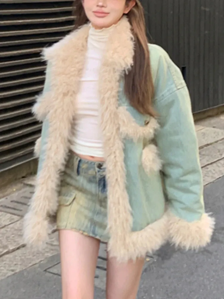 Trendy futra patchworka dżinsowa kobietę zima vintage wyściełana kurtka długie rękaw luźne swobodne dżinsowe jeaninwear 240228