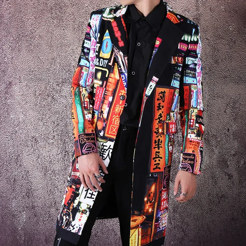 Suits Hip Hop Dancer Singer DJ Suit Coat Outerwear Stage Clothes Men Vintage Fashion Slim Fit Pattern Print Long Blazer Jacket Male